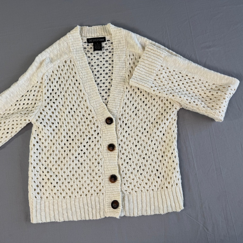 Open Stitch Cardigan Sweater Womens Cream Small Button Front Boho Summer Beach